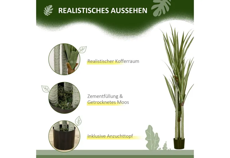 HOMCOM Kunstpflanze Plastik Künstliche Pflanze im Topf Yucca, HOMCOM, Höhe 190 cm, für Wohnzimmer Schlafzimmer Büro Garten Smaragdgrün, Grün, – Produktbild 4 von 5