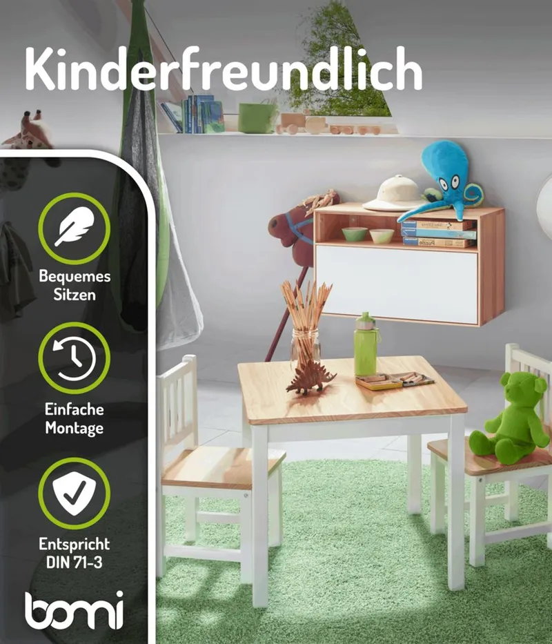 bomi bomi Kindersitzgruppe Holzsitzgruppe Amy, (Set, 5-tlg., oder 5 tlg. erhältlich), Kindertischgruppe, Tisch & Stühle Kinderzimmer, als Spiel- & Maltisch, Beige, – Produktbild 5 von 5