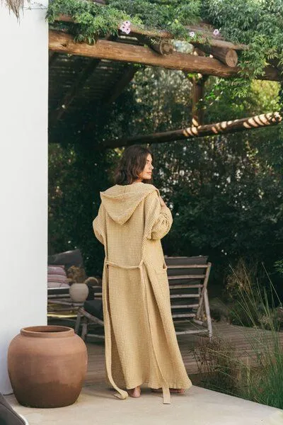AmourLinen AmourLinen Waffel-Bademantel aus Leinen für Damen, Senfgelb, – Produktbild 3 von 4