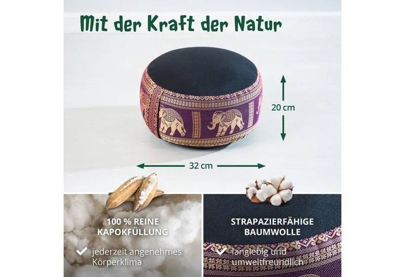 livasia Meditationskissen Zafukissen (Deluxe) - 32x20cm, Kapok, vegan, handgefertigt, Lila|schwarz, – Produktbild 4 von 5