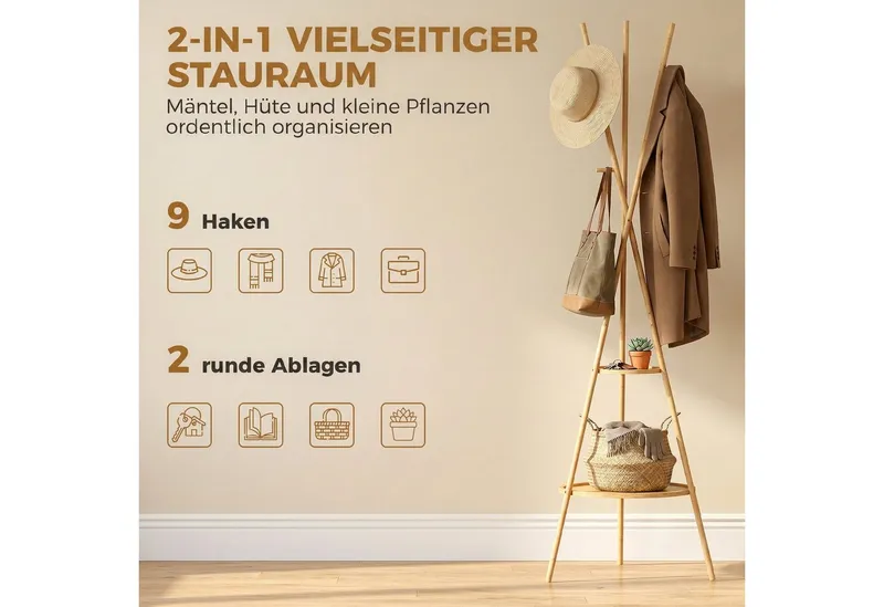 HOMCOM HOMCOM Garderobenständer Jackerständer Garderobe mit 9 Haken, für Flur, Eingangsbereich, (Set, 1 St., 1), aus Bambus, 2 Ablagefächer, Beige, – Produktbild 4 von 5