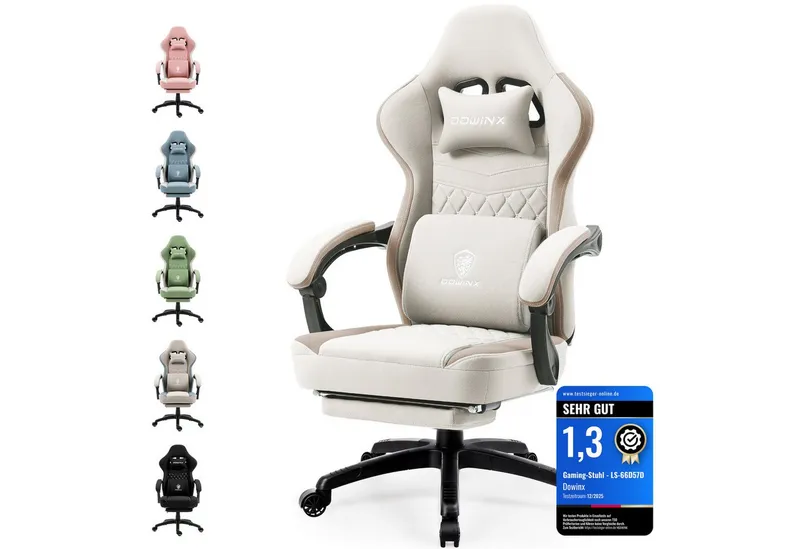 Dowinx Gaming-Stuhl Stoff mit Taschenfederkissen, Gaming Sessel mit Fußstütze, Ergonomischer Bürostuhl, Beige, – Produktbild 6 von 7