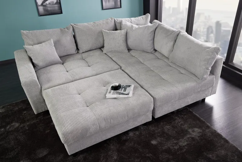 riess-ambiente Ecksofa KENT 220cm hellgrau/schwarz- Cord, L-Form, Federkern, FSC-zertifiziert, Einzelartikel 1 Teile, Moderne Wohnlandschaft inkl. Hocker - ideal für Wohnzimmer u. Familien, Grau, – Produktbild 4 von 5