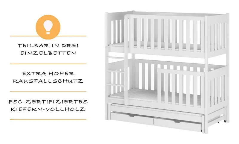 Kids Collective Etagenbett Kinderbett Hochbett 80x180, 90x200 cm mit Ausziehbett Lattenrost, Ausziehfunktion 2 Schubladen extra hoher Rausfallschutz 90x200 cm – Produktbild 3 von 5