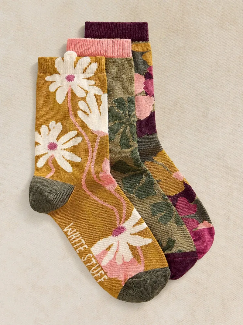 White Stuff 3er-Pack Socken mit Blumenmuster - 36-38, Grün multi, – Produktbild 1 von 2