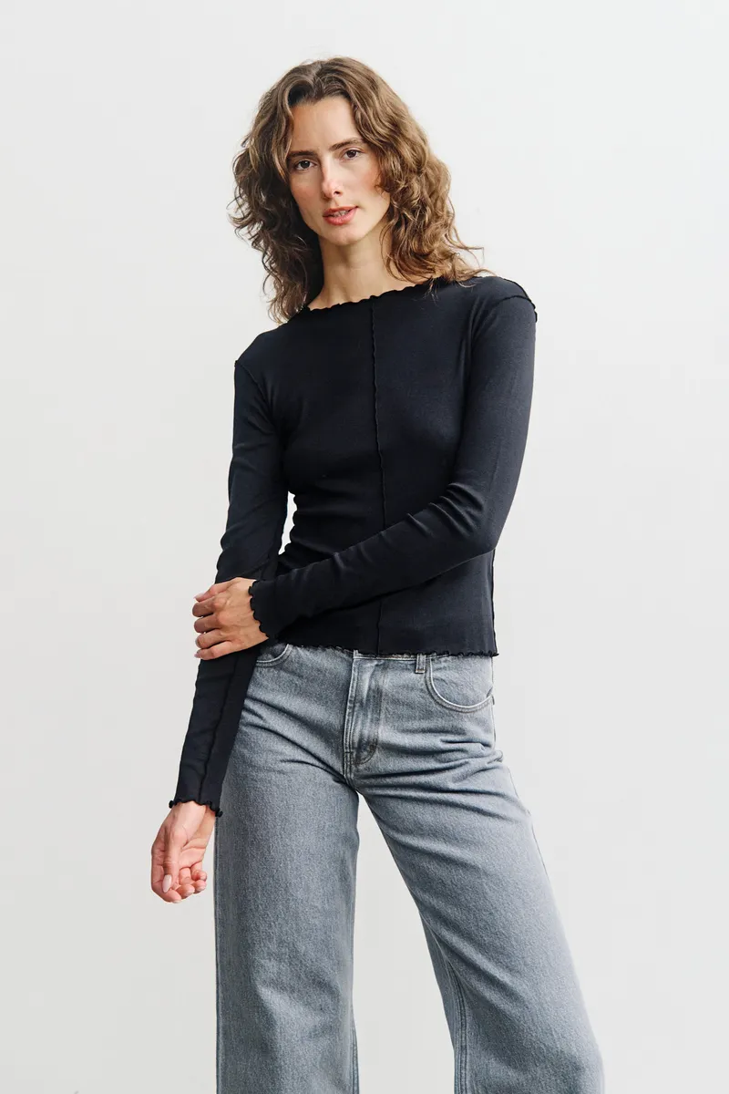 Rotholz Rotholz Damen vegan Schwarzes Langarmshirt Mit Biesen, Schwarz, – Produktbild 2 von 2