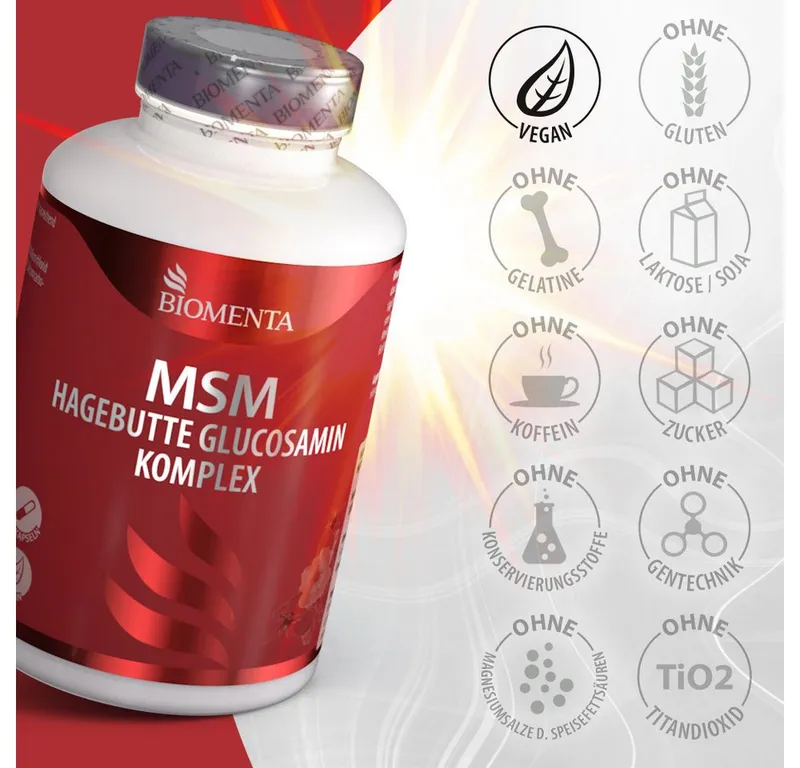 BIOMENTA MSM + Hagebutte + Glucosamin - 180 allergenfreie MSM Kapseln Kapseln, 180 St., 175.3 g – Produktbild 3 von 5