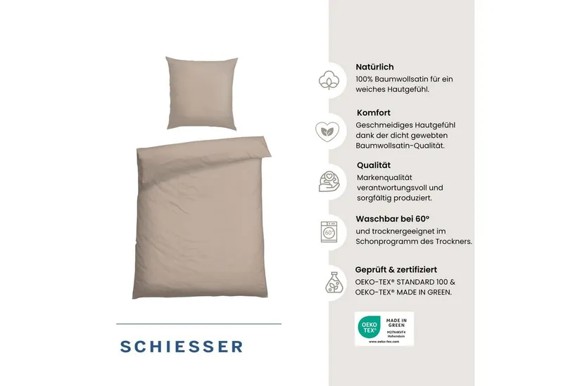 Schiesser Schiesser Bettwäsche Ella seidenmattes Bettwäscheset aus feinstem Baumwollsatin, Satin, 2 teilig, OEKO-TEX® MADE IN GREEN, Beige, – Produktbild 1 von 7