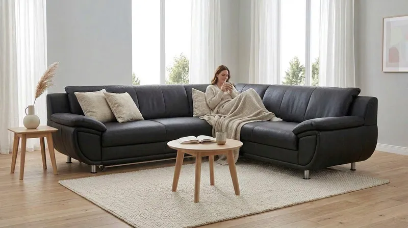 TRENDMANUFAKTUR Ecksofa Rondo 267 cm, elegant, bequem, Breite, L-Form, Chromfüße, L-Form, wahlw.mit Federkern, Füße chromfarben, Unser Dauertiefpreis, Schwarz, – Produktbild 4 von 8