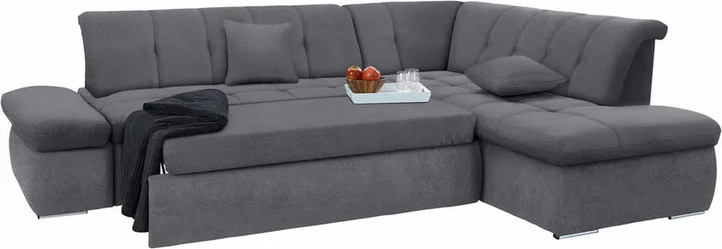 DOMO collection Ecksofa NMORIC inkl. Zierkissen 273x216x80 cm L-Form, Ottomanen-Abschluss, wahlweise mit Bettfunktion und Armlehnverstellung, Grau, – Produktbild 3 von 6