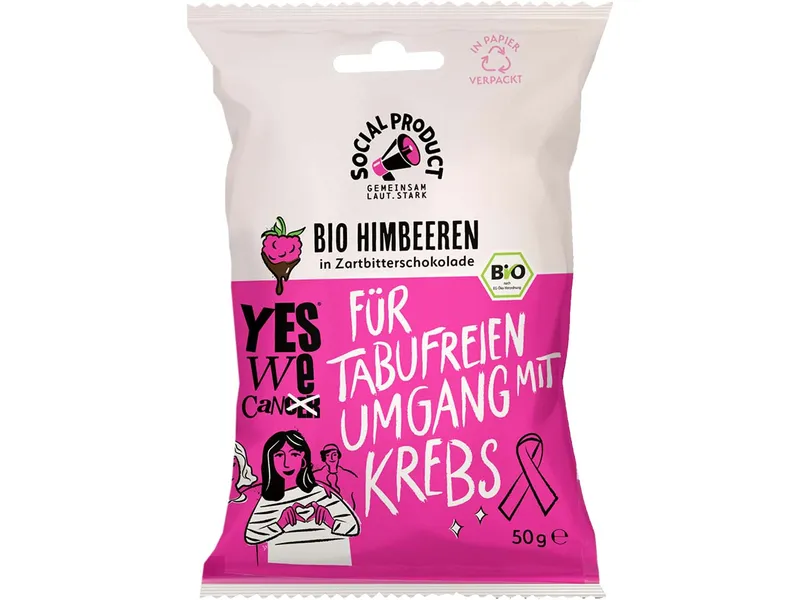 social product social product Bio-Himbeere in Zartbitter-Schokolade x YESWECAN!CER, 50 g – Produktbild 1 von 1