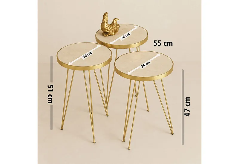 Jungengel Couchtisch Set 4-teilig Travertin Creme Gold Wohnzimmer Beistelltisch Naturstein (4-St., 4-teiliges Tisch-Set), Luxus Couchtisch-Set Travertin Creme mit goldenen Metallbeinen, Goldfarben, – Produktbild 5 von 5