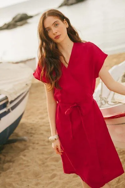 AmourLinen AmourLinen Wickelkleid aus Leinen OLIVIA, Magenta (rosa), – Produktbild 2 von 3
