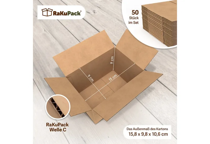 RaKuPack Versandkarton Faltkarton Verpackungskarton Faltschachtel Warensendung braun, 50 Stück 150x90x90mm Karton Kartonage Wellpappkarton versch. Größen – Produktbild 2 von 4
