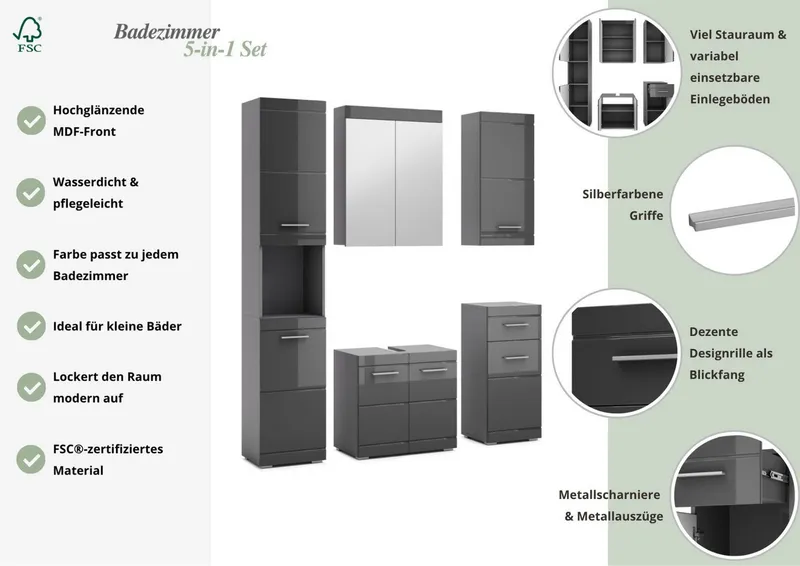 OTTO home Badmöbel-Set Föhr, (Set, 5-St), mit eleganten Hochglanzfronten, FSC® zertifiziert, Grau, – Produktbild 1 von 5