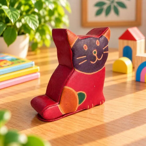 Janselo Sitzende Katze Kinder-Spardose aus Shanti-Leder in Rot – Produktbild 3 von 4