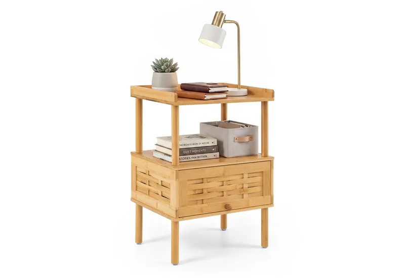 COSTWAY COSTWAY Nachttisch, Nachtkommode Bambus, Nachtschrank für Wohnzimmer, Beige, – Produktbild 1 von 4