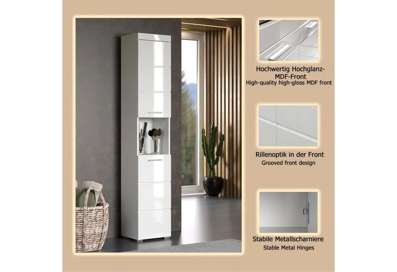 welltime Hochschrank Avena Badschrank mit 2 Türen & 1 Fach - (B/T/H) 37/31/190 cm, Weiß, – Produktbild 1 von 4