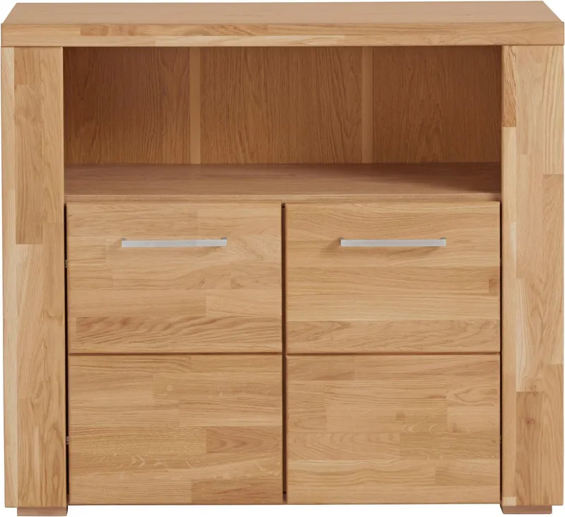 OTTO home Kommode Celle, 90cm breit, 35cm tief, Fronten Massivholz, Holz massiv, Holzwerkstoff, Metall Griffe,3 breite Fächer, Braun, – Produktbild 8 von 8