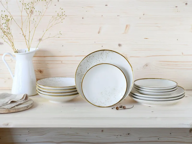 creaTable Teller-Set Nature Collection Natural Living (12-tlg), 4 Personen, Steinzeug, Teller Set, Reaktivglasur mit Sprenkeln, jedes Stück ein Unikat, Beige|weiß, – Produktbild 1 von 5