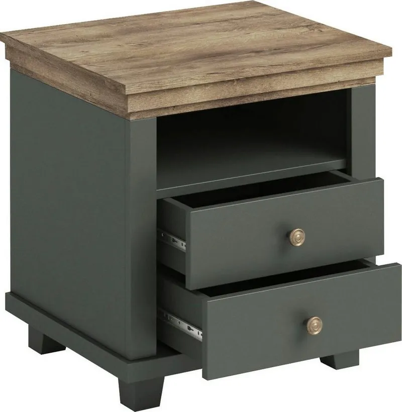 Home affaire Nachtkommode Evora mit 2 Schubläden, Nachttisch in 2 verschieden Farben erhältlich, 52x42x54 cm (BxTxH), Beistelltisch mit MDF-Applikationen, Landhausstil, Grün, – Produktbild 4 von 5