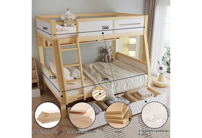 Merax Etagenbett 90x200cm/120x200 cm (Stauraum & Sicherheit im Kinderzimmer, 1-St., Jugendbett Stockbett Doppelbett Hausbett), Kieferholz Kinderbett mit Schubladen Bücherregal Umzäunung Trittleiter, Weiß, – Produktbild 3 von 3