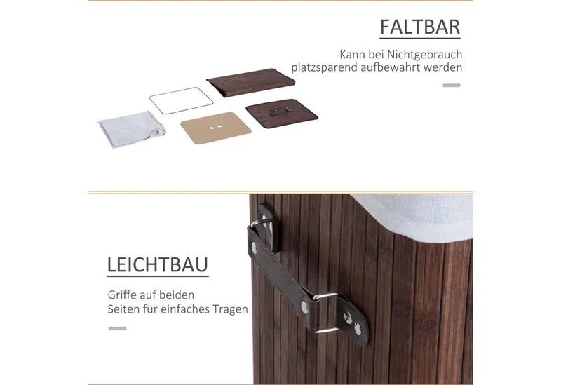 HOMCOM HOMCOM Wäschekorb schmal Wäschesammler mit Griff, für Schlafzimmer & Bad, Schwarz (Wäschekorb, 1 St., Wäschebox), Bambus, faltbar, 72L, Dunkelbraun, 40 x 30 x 60 cm, Braun, – Produktbild 3 von 4