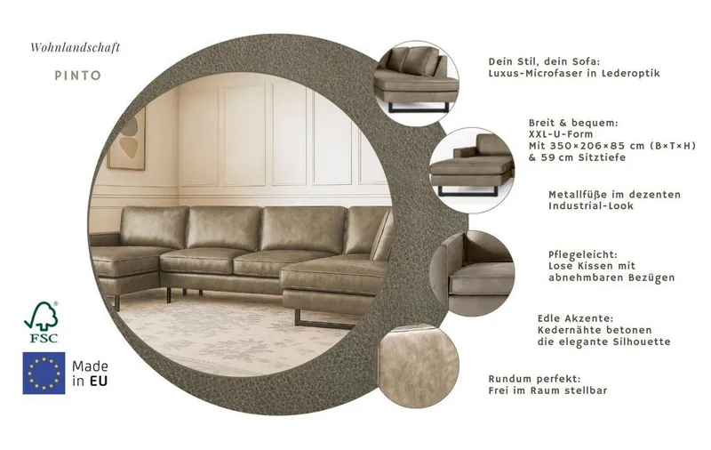 OTTO home Wohnlandschaft Pinto, 350 cm, U-Form, XXL, mit Ottomanen, Cord, Chenille, Lederoptik, mit Keder, Metallfüße, Wellenunterfederung, Grau, – Produktbild 4 von 5