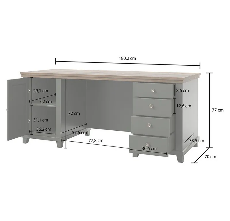 Lomadox Büromöbel-Set EPSOM-83, (Spar-Set, 3-tlg., Schreibtisch Vitrine Aktenregal), in grün mit Eiche, Softclose-Funktion, Rückwand mit Lamellen Optik, Grün, – Produktbild 4 von 5