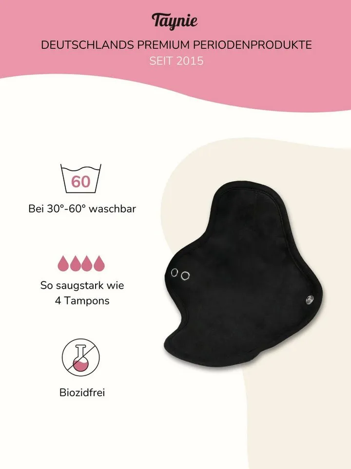 Taynie Taynie Binden Waschbare Binde mittel - wiederverwendbare Stoffbinde mittlere Blutung, Mittelstark, 1-St., Waschbare Binden / Wiederverwendbare Stoffbinden aus Bio-Baumwolle, Schwarz, – Produktbild 2 von 5