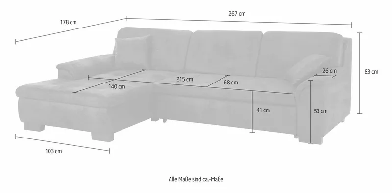 Home affaire Ecksofa BERGEN 267x178 cm, elegantes Design, whlw. mit Bettfunktion L-Form, Braun, – Produktbild 5 von 8