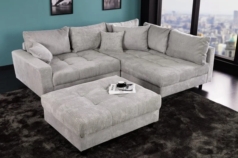 riess-ambiente Ecksofa KENT 220cm hellgrau/schwarz- Cord, L-Form, Federkern, FSC-zertifiziert, Einzelartikel 1 Teile, Moderne Wohnlandschaft inkl. Hocker - ideal für Wohnzimmer u. Familien, Grau, – Produktbild 3 von 5