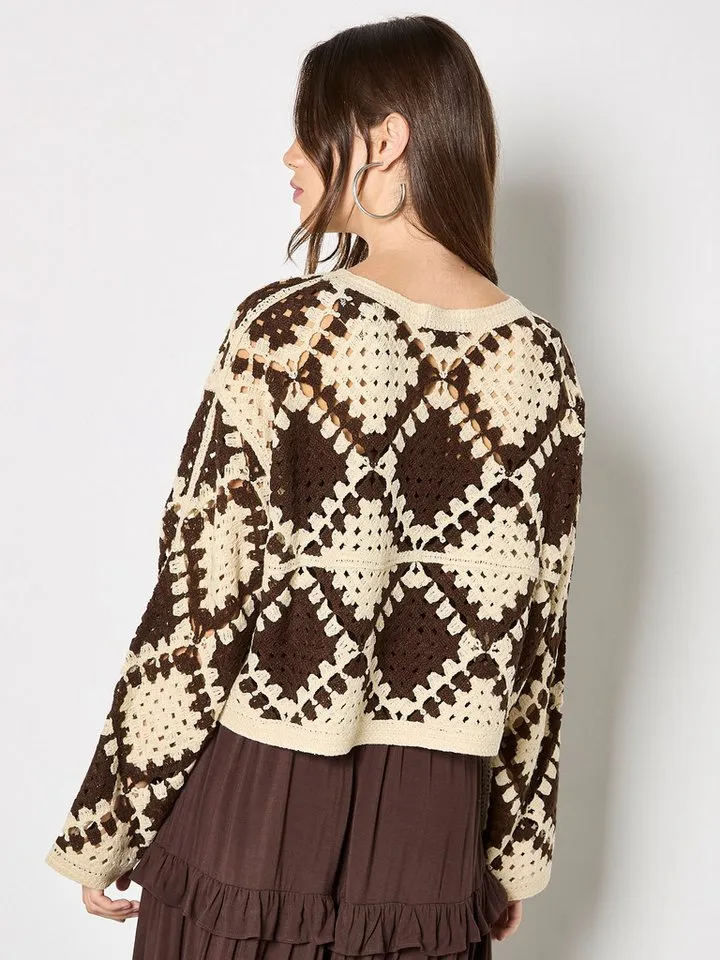 Apricot Apricot Strickpullover Kurzer Pullover mit Häkelrauten, Grau, – Produktbild 4 von 5