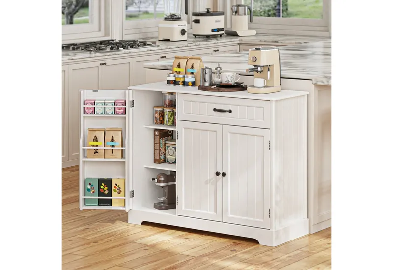 Blishom Sideboard Küchen-Sideboard mit 1 Schublade, 3 Türen und Türablagen, Zusätzliche Fächer für Gewürze, Vorräte und Küchenzubehör, Weiß, – Produktbild 4 von 5
