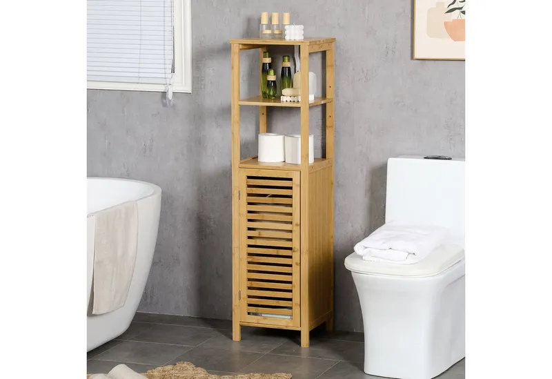 kleankin kleankin Badkommode Badschrank mit Tür, zwei offene Ablagen, Bambus, Hochschrank (Badezimmerschrank, 1 St., Badezimmermöbel), für Badezimmer, 33 x 30 x 120 cm Naturholz, Beige, – Produktbild 1 von 4