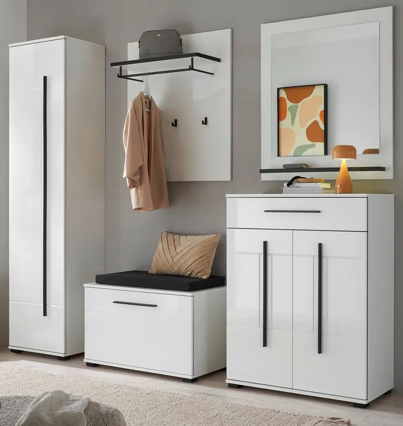 Furn.Design Garderoben-Set Design-D, (Komplett-Set in Weiß Hochglanz, 6-St., 230 x 200 cm), inklusive Sitzkissen, Soft-Close-Funktion, Weiß, – Produktbild 2 von 5