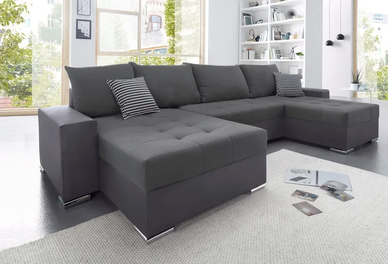 COLLECTION AB Wohnlandschaft Josy XL U-Form, Breite: 313 cm, Liegefl. 137x266 cm, Schlaffunktion, Bettkasten & 2 Zierkissen, Federkern, Grau, – Produktbild 2 von 8