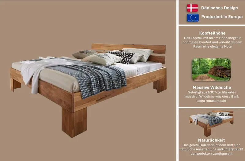 Home affaire Massivholzbett Tommy, Futonbett, aus Massive FSC-zertifizierte Wildeiche, Futon Stil (hohe Belastbarkeit: 200kg je Seite), Massivholz Scandi Design, Robust, stabil, In unterschiedlichen Breiten, Beige, – Produktbild 4 von 6