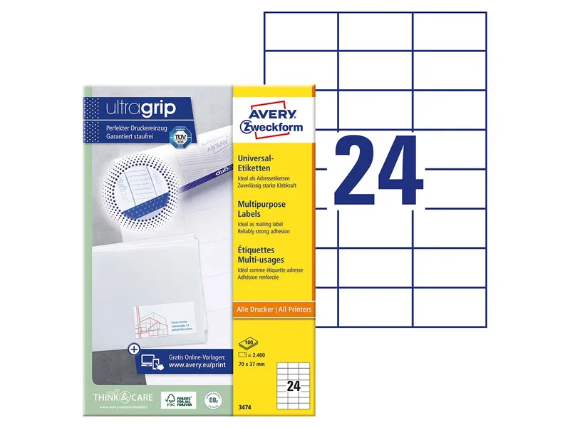 Avery Zweckform 2.400 Zweckform Etiketten 70 x 37 mm, A4 – Produktbild 1 von 2