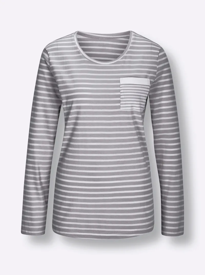 wäschepur Schlafanzug-Shirt steingrau-weiß-geringelt, Steingrau-weiß-geringelt, – Produktbild 2 von 2
