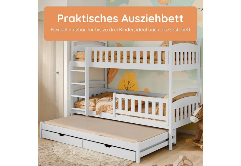 Kids Collective Etagenbett Hochbett Stockbett Kinderbett 90x200 cm mit Ausziehbett und Schubladen, Umbaubar zu 3 Einzelbetten mit Lattenrosten & Rausfallschutz, Grau, – Produktbild 3 von 5