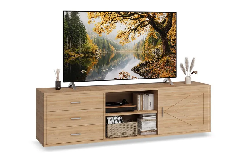 HOMAVO Lowboard TVG1 mit 3 Schubladen & Schiebetür, 160 - 180 cm (FSC®, viel Stauraum, pflegeleicht), Bodenstehendes TV-Lowboard mit Stauraum, Natur, – Produktbild 1 von 5