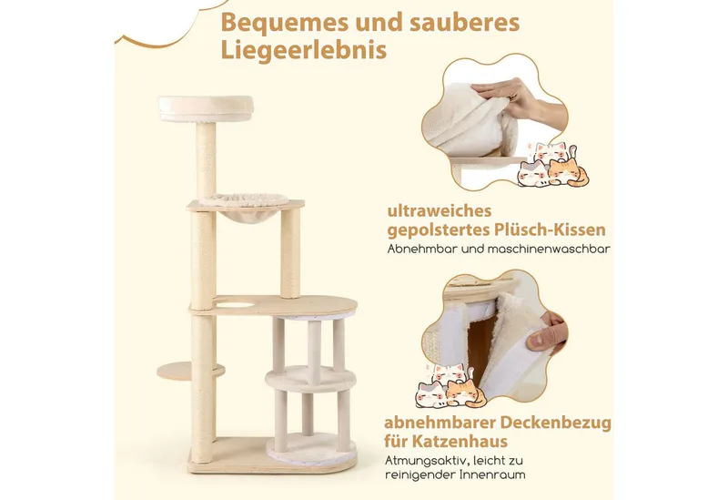KOMFOTTEU Kratzbaum, aus Holz mit Doppelstockhaus, Liegeplatz, Hängematte, Weiß, – Produktbild 2 von 5