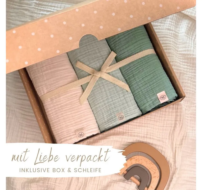Babydecke Mulltücher 3er-SET gekreppt, Spucktuch 64x64 100% GOTS BIO-Baumwolle, DIKOS, PREMIUM Qualität atmungsaktiv, nachhaltig, plastikfrei, kuschelweich, Mint creme, – Produktbild 4 von 5