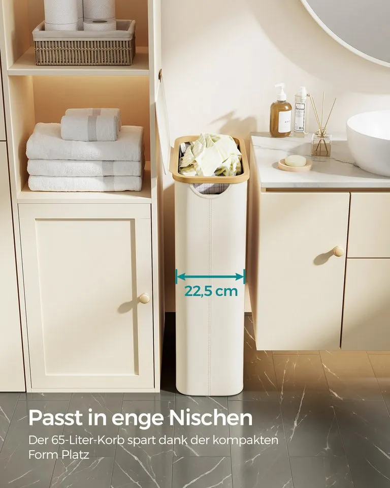 SONGMICS SONGMICS Wäschekorb mit Deckel, herausnehmbarer Einsatz, Bambus‑Rahmen, Oxford‑Gewebe, 65 L, 42 x 22,5 x 70,5 cm, mit Deckel, platzsparend, Griffe aus Bambus, Weiß, – Produktbild 3 von 5