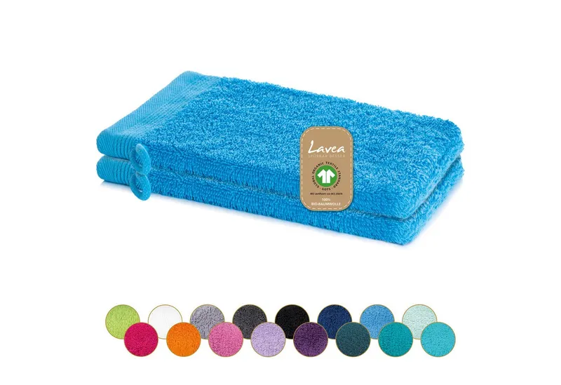 Lavea Waschhandschuh Bali Waschlappen 16x22 cm, Waschhandschuhe, kleine Handtücher, Weiches Bio-Baumwollfrottee (Set, 2-St), Gesichtshandtücher, GOTS-zertifiziert, extra saugstark mit 500g/m², Blau, – Produktbild 1 von 4