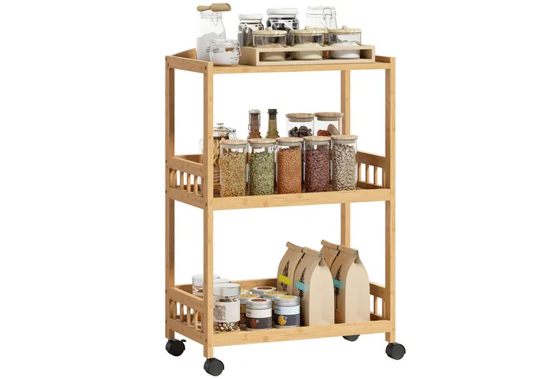 HOMCOM HOMCOM Küchenwagen Rollwagen mit 3 Ebenen, Servierwagen mit Stauraum, (Servierwagen, 1 St., Rollwagen), für Küche Bad Büro Wohnzimmer Naturholz, Beige, – Produktbild 2 von 4