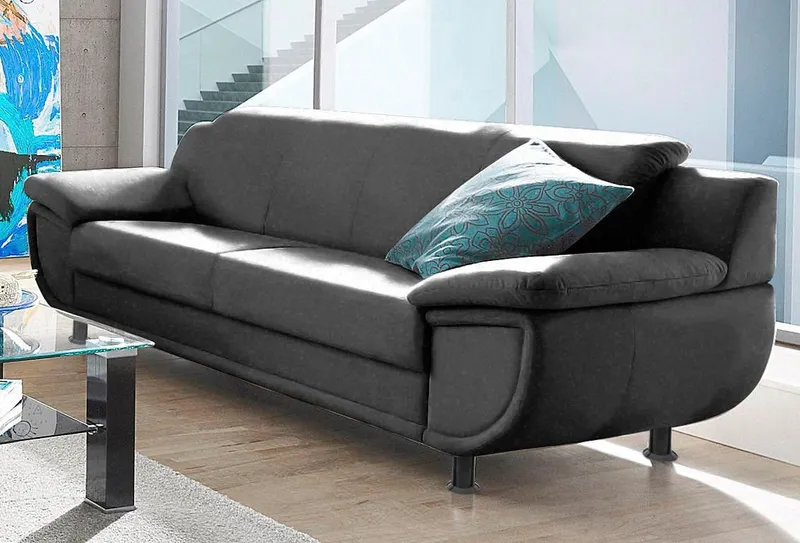 TRENDMANUFAKTUR 3-Sitzer Rondo 207 cm, Breite, breite Armlehnen, Füße schwarz, Big-Sofa wahlweise mit Federkern, in verschiedenen Bezügen bestellbar, Schwarz, – Produktbild 2 von 7