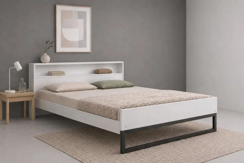 OTTO home Bett Pannor, Industrial Design, mit Regal, Lattenrost inklusive (Liegefläche Breite 140 oder 180cm), Kufengestell, bis 200 kg belastbar, FSC-zertifiziert, Made in EU, Weiß, – Produktbild 2 von 4