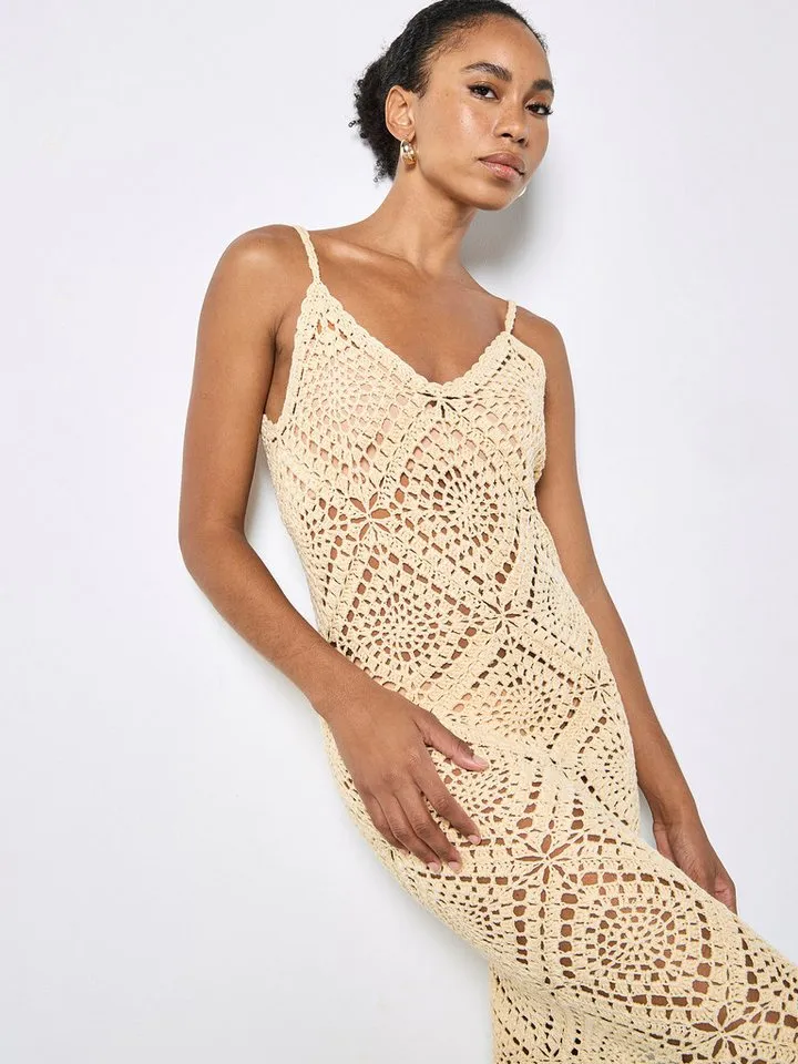 Apricot Apricot Spitzenkleid Handgestricktes Midi-Kleid mit Häkelverzierung, Beige, – Produktbild 4 von 5